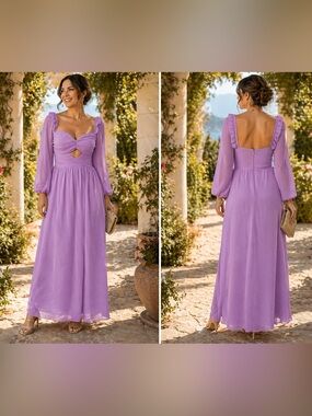 Romantic Lavender Long Sleeve Chiffon Maxi Dress